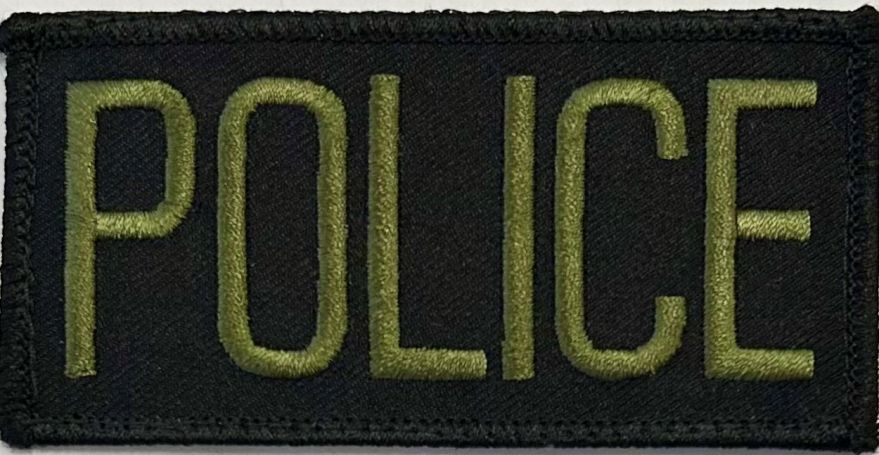 POLICE ID PATCH - 4"W X 2"T - OD GREEN ON BLACK WITH VELCRO.